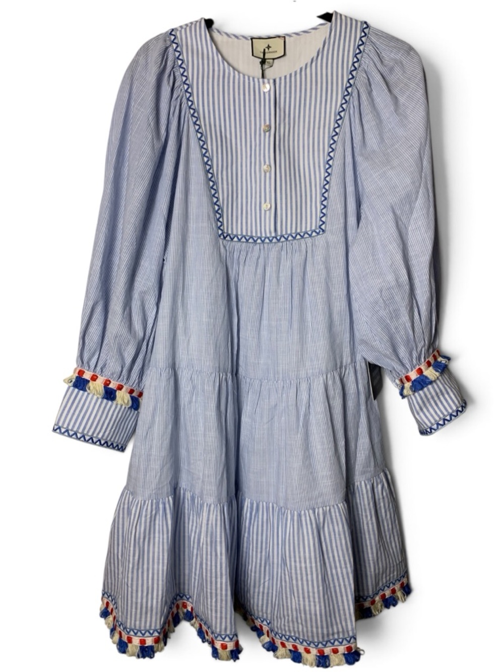 Tuckernuck Jen Dress XL NWT Chambray Blue Stripe Fringe Tassel Cotton Tiered - Picture 8 of 16